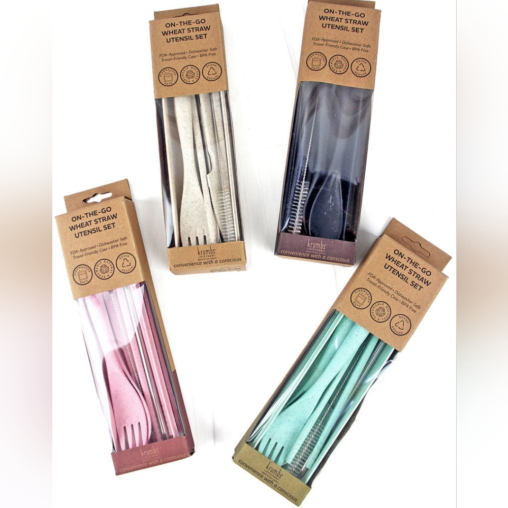 NIB ONE KRUMBS KITCHEN ON-THE-GO WHEAT STRAW UTENSIL SET - CREAM